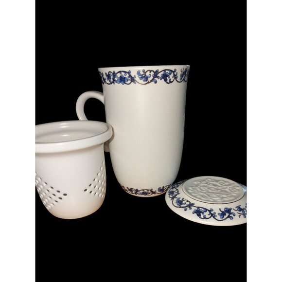 Teavana Tea Cup Mug WITH Lid & Infuser Blue  White Gold 12 oz - Picture 3 of 6